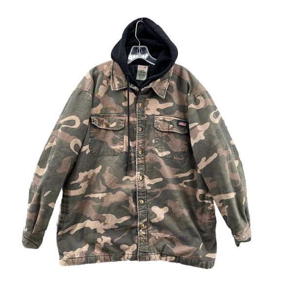 Dickies Hooded Jacket Mens Large Green Camo Quilted Canvas Shacket Hunting‎ Camp - Picture 1 of 10